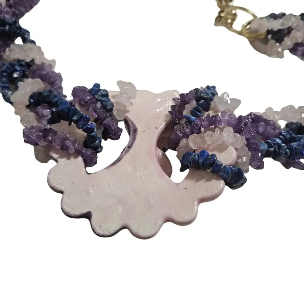 Ceramic Purple Amethyst Lapis Lazuli Rose Quartz Belt Statement Buckle Vintage